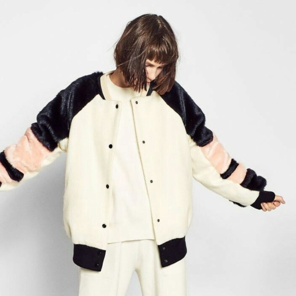 ZARA faux fur bomber varsity jacket